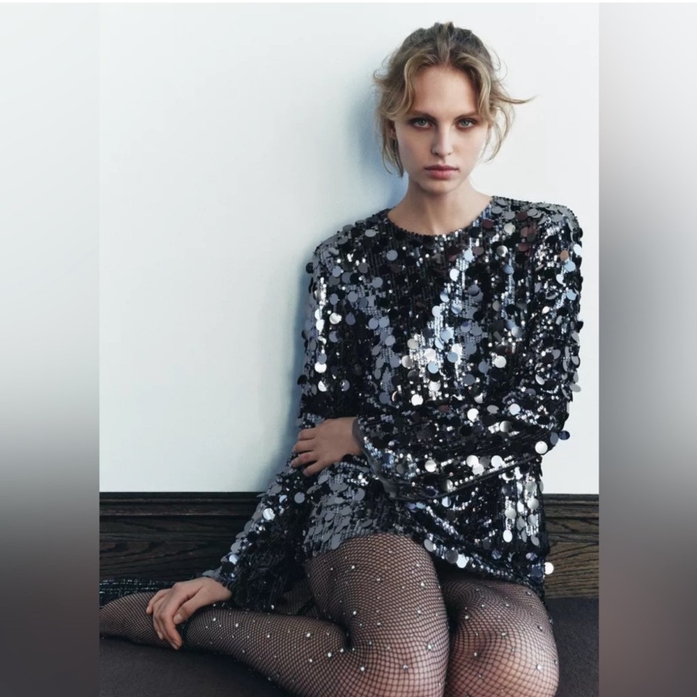 Zara Silver Sequin Long Sleeve Dress